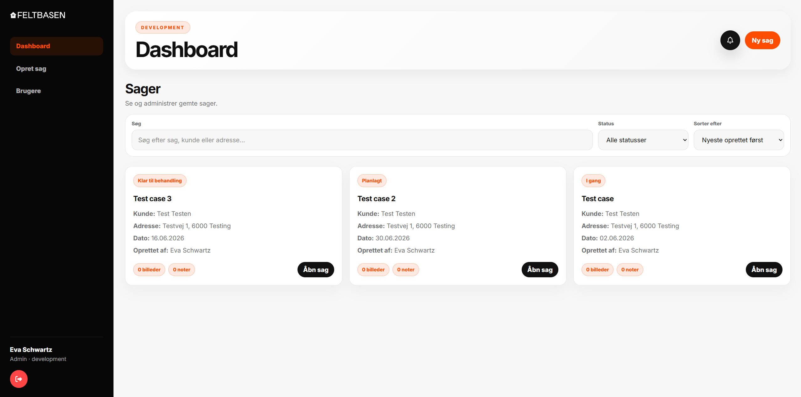 Feltbasen dashboard interface